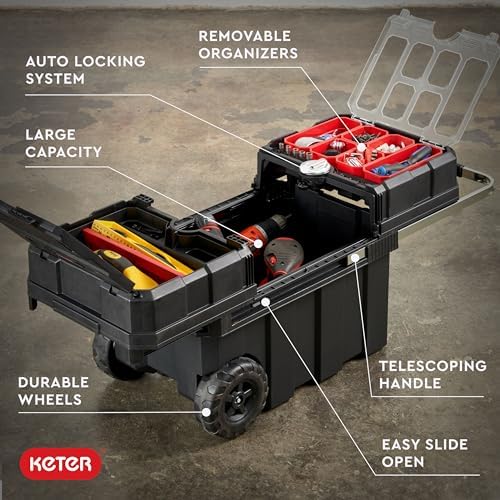 Keter Masterloader Resin Rolling Tool Box with Locking System and Removable Bins – Perfect Organization and Storage Chest for Power Drill, Tape Measure, and Screwdriver Set, Black - Image 2