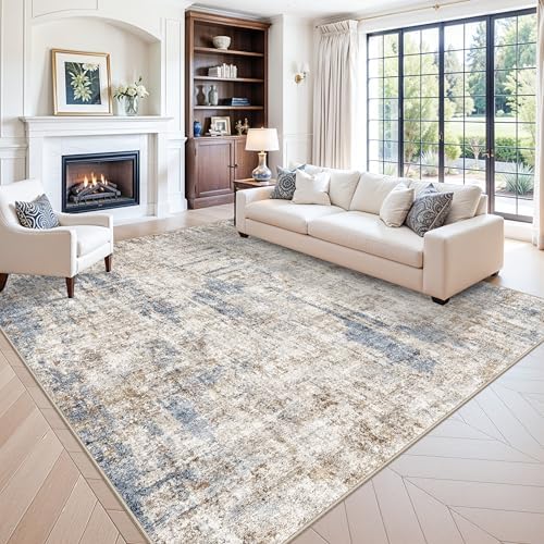 10x10 ft Square Living Room Rug – Washable Modern Abstract Area Rug for Bedroom, Dining Room, Playroom – Neutral Non-Slip Low-Pile Thin Indoor Carpet（Blue Brown） by ZHXXUJ