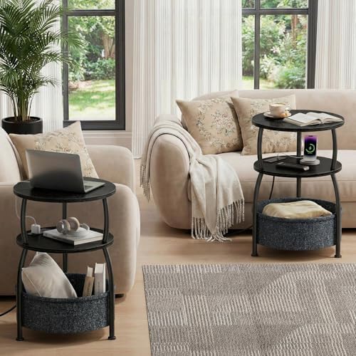 Round Side Table with Charging Station, USB Type C Port, Black - Image 2