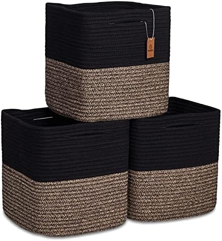 NaturalCozy Storage Cubes 11 Inch Cotton Rope Woven Baskets for Organizing, 3-Pack | Cube Storage Bin | Square Storage Baskets for Shelves Organizer, Classroom, Kids Toy Bins, Closet, Baby Nursery by NaturalCozy