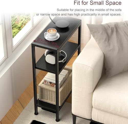 Narrow Side Table Set of 2 for Small Space, 3 Tier Slim End Table, Thin Nightstand, Skinny Snack Couch Table, Sofa Bedside Table in Living Room, Bedroom, Study, Kitchen and Balcony (Black) - Image 4