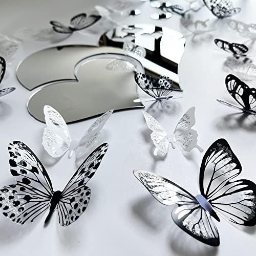 3D Crystal Butterfly and Acrylic Mirror Hearts Wall Stickers with Adhesive Art Decal Satin Paper Baby Kids Bedroom Home DIY Decor Removable Stickers (36 Butterfly and Silver Heart) - Image 3
