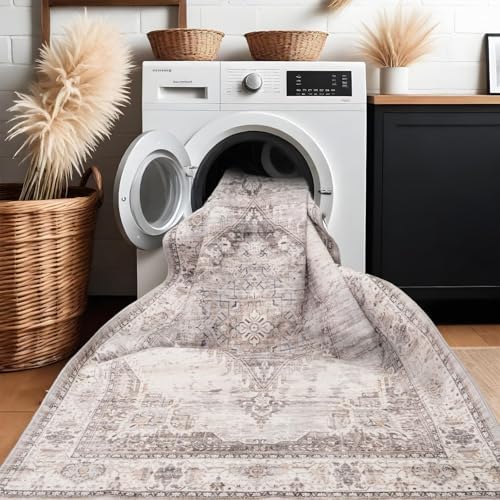 Washable Rugs 7x9 Area Rug：Large Rugs for Living Room - Oriential Distressed Printed Floral Carpet - Non Slip with Rubber Backing Area Rug 7'x9' Beige - Image 6