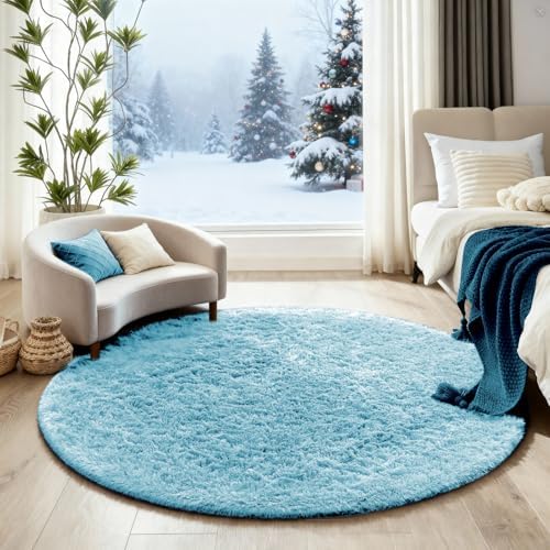 Ophanie Round Rug 4Ft Light Blue Circle Area Rugs, Fluffy Fuzzy Small Bedroom Carpet 4 Foot, Plush Shag Floor Living Room Circular Aesthetic Home Decor for Kids Teen Boys Baby with 99 pcs Pile fibers - Image 5