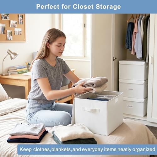 Bagnizer Large 22 Quart Linen Fabric Foldable Storage Bin Cube Organizer Basket with Flip-Top Lid & Handles, Clothes Blanket Box for Home, Office, Closet, White, 4 Pack 14.6 x 9.5 x 9.5” - Image 3