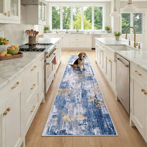 RELEANY Washable Runner 2'x9' Abstract Area Rug for Hallway Blue Gold by RELEANY
