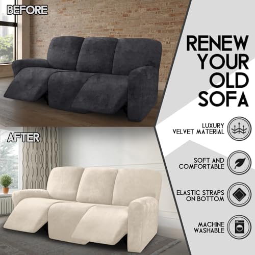 ULTICOR Velvet 8-Pieces Recliner Sofa Covers Stretch Reclining Couch Covers for 3 Cushion Reclining Sofa Slipcovers Furniture Covers Thick Soft Washable (3 Seater Recliner Cover, White) - Image 5