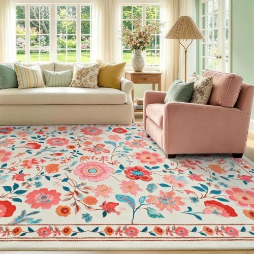 9x12 Ft Washable Area Rug for Living Room Beige Vintage Floral Carpet - Image 4