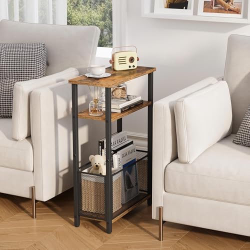 MMEOLUOOK Narrow Side Table with Storage Basket Skinny End Tables for Smalls Spaces 3 Tier Sofa Table Small Nightstand Slim Bedside Table for Living Room Bedroom Rustic Brown MLBZ22RB - Image 4