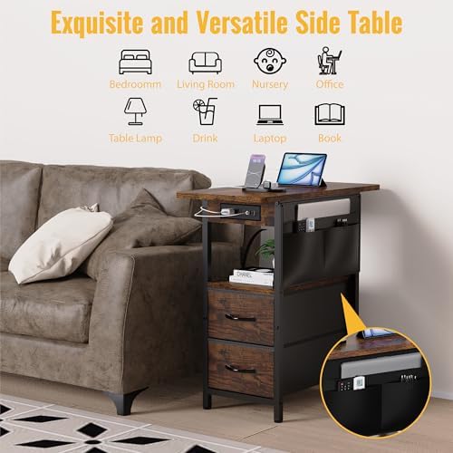 Yenlure Small Side Table with Charging Station, Narrow Nightstand Bedside Tables with Storage Pocket for Living Room Bedroom, Sofa End Table with USB Ports and Power Outlets for Small Spaces - Image 5
