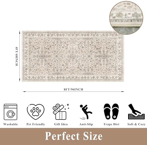 4x8 Rug Washable for Entryway Kitchen – Non-Slip Rubber Backed Area Rug for Hallway Bedroom Living Room Office,Boho Floral Low Pile Thin Floor Indoor Mat (Beige,4x8) - Image 2