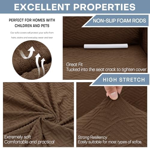 ZNSAYOTX 1 Piece Jacquard Couch Covers for 3 Cushion Couch Living Room High Stretch Sofa Cover Pets Dogs Friendly Anti Slip Thickened Slipcovers Furniture Protector (Large, New Pattern Coffee) - Image 4