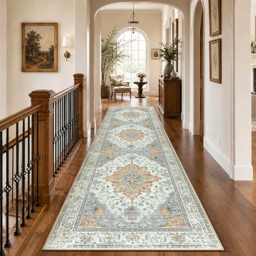 RELEANY Washable Area Rug, Runner 3'x10', Beige/Carbon Grey/Orange by RELEANY