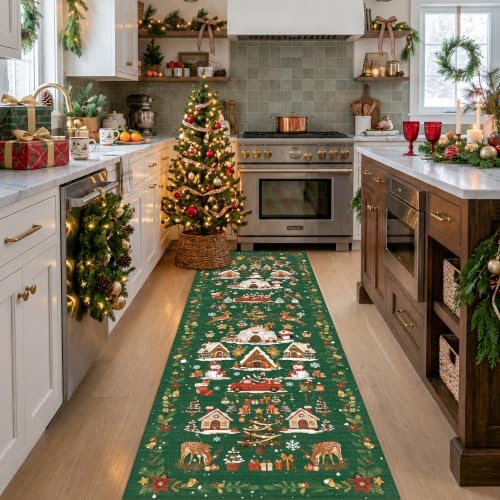 Washable Christmas Rug Runner 2x6 - Xmas Snowflake Green Rug for Kitchen Entryway Non Slip Farmhouse Low Pile Carpet for Laundry Bedroom Bathroom Stain Resistant Floor Mat Pet-Friendly Rug（2x6，Green） by HYHAOYUNLAI