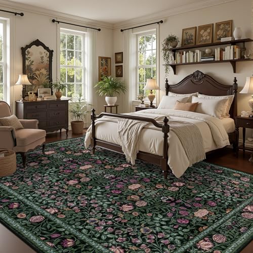 8x10 Area Rug Living Room: Soft Floral Washable Boho Carpet Green - Image 3