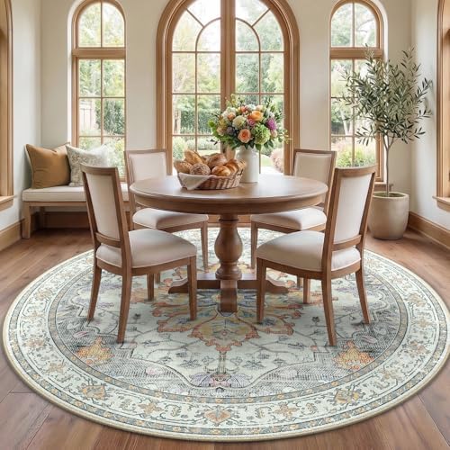 RELEANY Washable Area Rug, Round 7ft, Beige/Carbon Grey/Orange by RELEANY