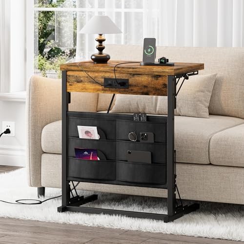 Foldable C-Shaped Table with Charging Station, Folding TV Tray End Table for Small Space, Portable Side Table for Couch, C Table with Storage Bag for Sofa Living Room, Bedroom Rustic Brown SC-005R - Image 2