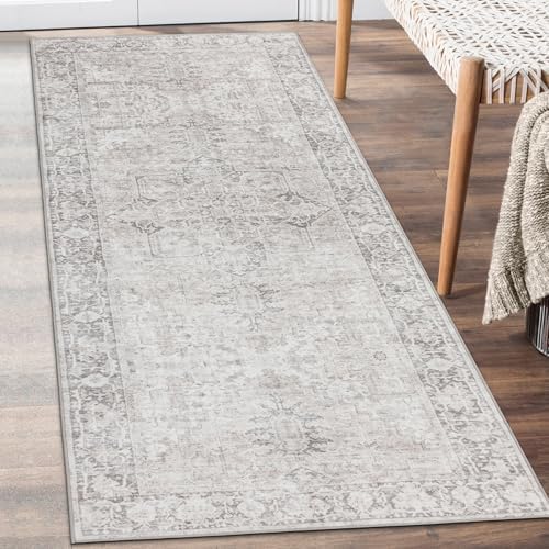ReaLife Rugs Machine Washable Area Rug Runner - Living Room Bedroom Bathroom Kitchen Entryway Office - Padded Low Pile Stain Resistant Premium - Boho Farmhouse Vintage - Lyle - Beige Ivory 2'6" x 8' by ReaLifeRugs