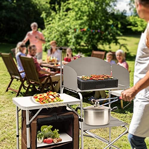 CampLand Folding Camping Kitchen Table with Windscreen,Portable Outdoor Cooking Station with Storage Cabinet & Side Tables Heavy Duty Camp Cook Station for Camping & BBQ（White） - Image 2