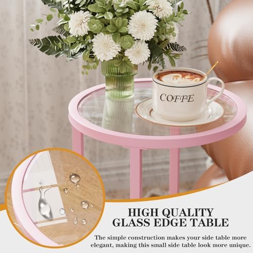 C Table Side End Table,Glass Couch Table Set of 2, Round Sofa End Table with Metal Frame, Small Snack Table for Living Room, Bedroom, Small Spaces, Easy Assembly (Pink,2pcs) - Image 4
