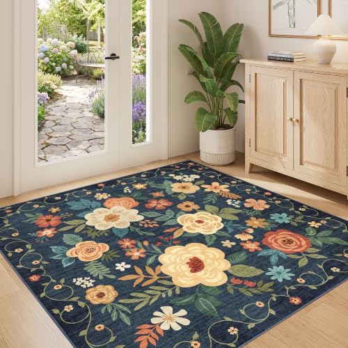 DUKINO 4x4 Square Area Rug, Floral Washable Rug for Entryway, Navy Blue - Image 5