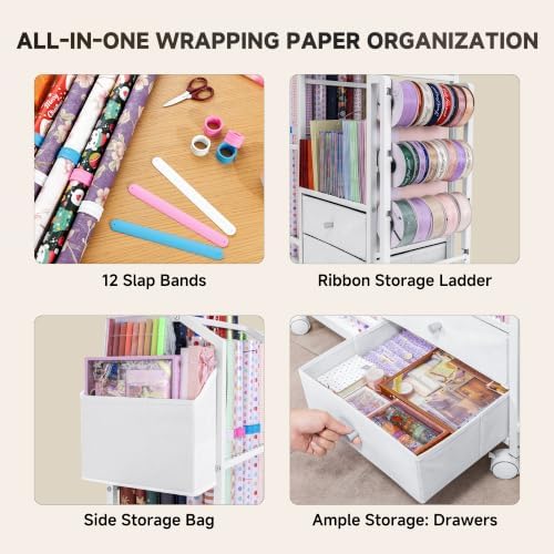 Aquzee Wrapping Paper Storage, Rolling Gift Wrap Station with Drawer - Image 5