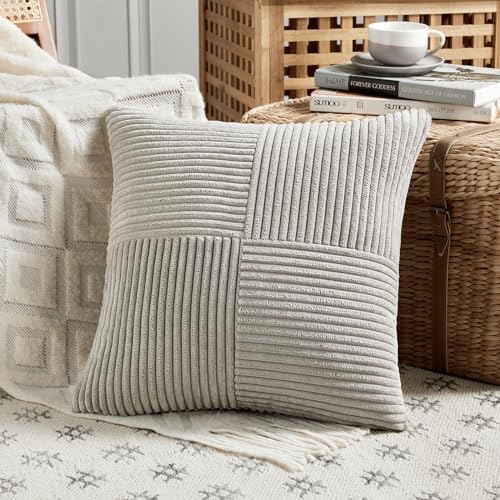 Fancy Homi 2 Packs Neutral Grey Big Decorative Throw Pillow Covers 24x24 Inch for Living Room Couch Bed, Rustic Farmhouse Boho Home Decor, Soft Corss Corduroy Patchwork Accent Square Cushion Case 60cm - Image 2