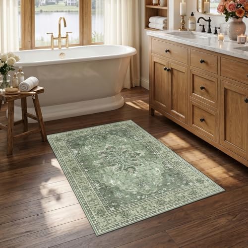 RELEANY Washable Area Rug, Small 2'6"x4', Green/Dark Green/Gray by RELEANY