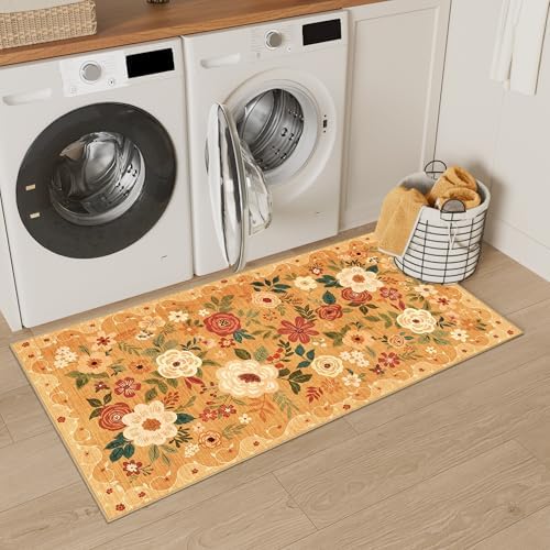 DUKINO 2x4 Entryway Rug, Floral Washable Kitchen Rugs Non Slip, Orange - Image 4