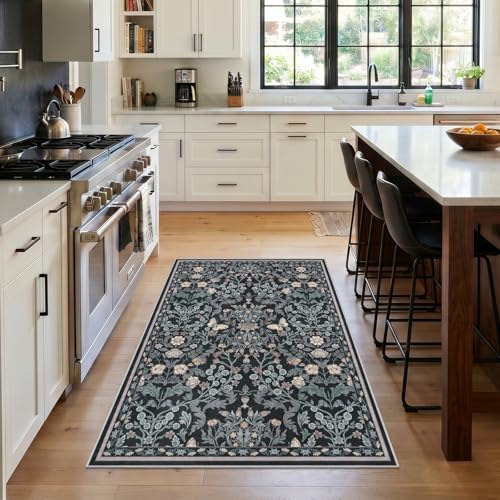 Puino 3x4 Washable Area Rug - Non Slip Vintage Throw Rugs Floral Dark Blue - Image 3
