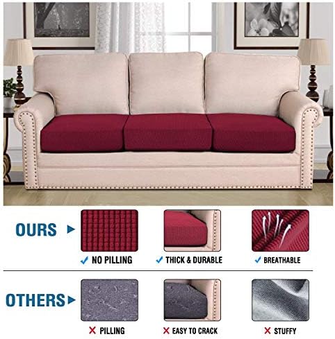 H.VERSAILTEX Super Stretch Individual Seat Cushion Covers - Sofa & Couch Cushion Slipcover Sets - Thick Jacquard Textured Twill Fabric (3 Piece XL Sofa Cushion Covers, Burgundy Red) - Image 2