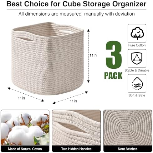 ICERZCZ 11 Inch Cube Storage Bins, Organizer Bins, Woven Cotton Rope Baskets for Storage, Storage Baskets for Organizing Shelves, White Basket for Toys, Off White (Pack of 3) - Image 3