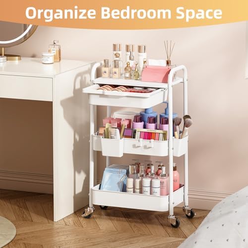 KINGRACK 3 Tier Metal Rolling Cart with Drawer, White Utility Storage Cart | 2 Cups & 4 Hooks, Lockable Wheels, Trolley Organizer for Bathroom, Kitchen, Office, Nursery, Dorm, Laundry, Craft Room - Image 6