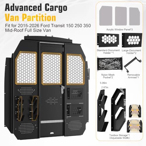 Heavy Duty Van Partition Bulkhead Fits 2014-2026 Ford Transit 150 250 350 Mid-Roof Full Size Van, Cargo Van Safety Partition Bulkhead with Secure Locking System & Easy Bolt-On Installation,Black - Image 2