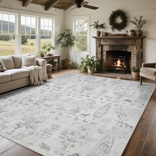 Srugn Washable Rugs 8x10 Area Rugs for Living Room,Bedroom,Dining Room- Large Ultra Soft Faux Wool Retro Carpet,Non Slip&Non-Shedding Low Pile Vintage Rug for Home Office Dorm Playroom-Tree Gray by Srugn