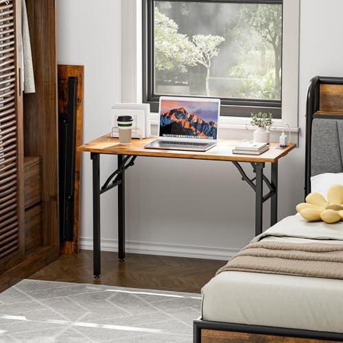 TEMI Small Computer Desk Folding Table - No Assembly, Compact 44.3" Foldable Desk with Power Outlets & USB Charging Port, Portable Small Office Desk, Ideal Mini Study Table for Narrow Spaces, Brown - Image 2