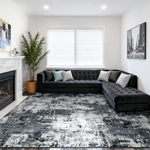 RELEANY Washable 10'x14' Abstract Area Rug for Living Room Black White by RELEANY