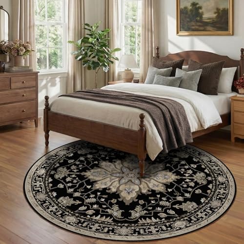RELEANY Washable Area Rug, Round 8ft, Black/Neutral - Image 3