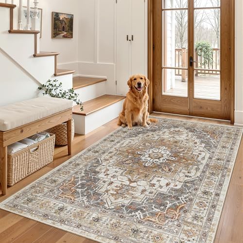 Madane Area Rug 4x6 Washable Rugs Vintage for Living Room, Turmeric/Grey - Image 3
