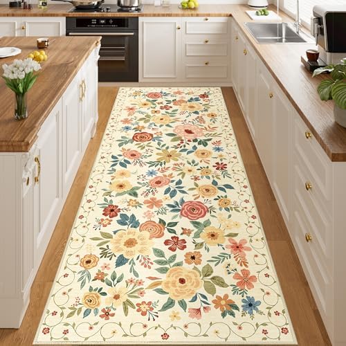DUKINO 3x8 Hallway Runner Rug, Washable Kitchen Rug Non Slip, Beige Yellow by DUKINO