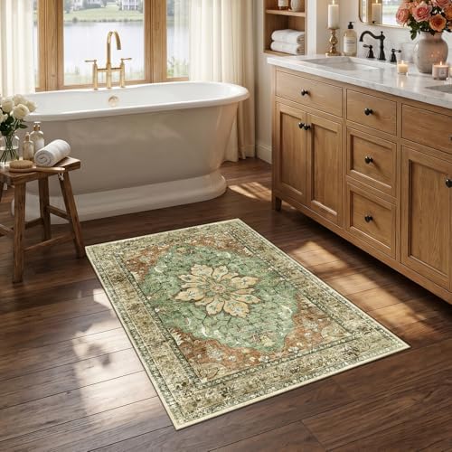RELEANY Washable Area Rug, Small 2'6"x4', Brick/Brown/Green by RELEANY
