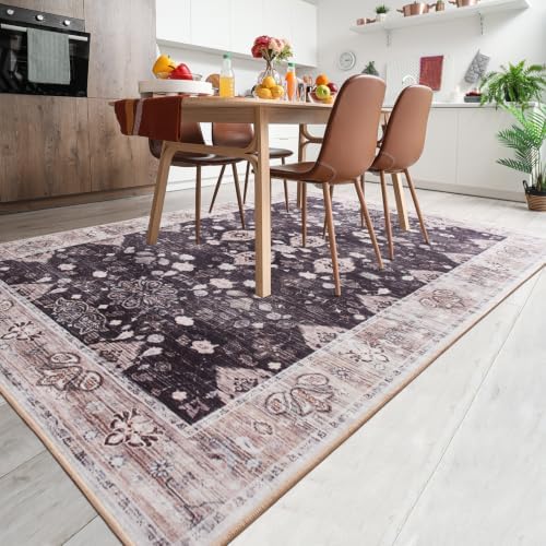 Hanples 4x6 Area Rugs for Living Room, Washable Rug Vintage Floral, Coffee - Image 3