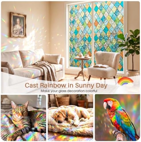 Sunbaby Stained Glass Winodw Film, Rainbow Lattice Stickers, 23.6"x78.7" - Image 2