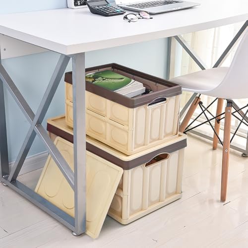 Collapsible Storage Box with lid 30L Lidded Storage Bin Crates Plastic Tote Container Stackable Folding Utility Crates Shelf Basket for Clothes Books Snack Shoe Storage Container (Khaki) - Image 7