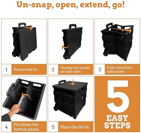 Inspired Living Collapsible Ultra-Slim Pack-N-Roll,2 Wheel Utility Cart w/Lid used as Seat up to 250 Lbs, Telescopic Handle - Super Strong, for Home, Garden, Shopping, Office, School use, Large, Black - Image 6