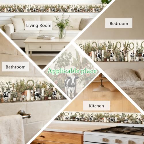 Farmhouse Wallpaper Border Wall Border Trim Peel and Stick 19.7 x 4 Inch Cattle Floral Jar Pattern PVC Decorative Molding Stickers for Bathroom Laundry Kitchen Backsplash Home Decoration - Image 7