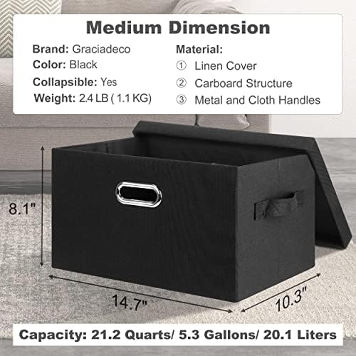 Graciadeco Medium 15" 21 Quart Collapsible Stackable Storage Bins with Lids, 3 Packs Black Foldable Fabric Closet Boxes Heavy-duty Lidded Linen Cube Basket Container Organizer and Storage for Bedroom - Image 2