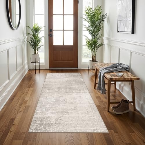 Washable 3x5 Kitchen Area Rug: Non-Slip Abstract Water-Resistant Entryway Doormat Soft Sink Fridge Bedroom Carpet Low Pile Stain-Resistant Bathroom Laundry Neutral Faded Floor Mat(3X5,Beige/Cream) - Image 4
