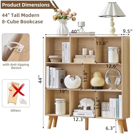 LEYAOYAO 8 Cube Bookshelf,Mid-Century Modern Bookcase with Legs,Light Wood - Image 2