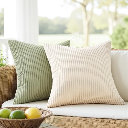 Topfinel Boho Farmhouse Green White Throw Pillow Covers 16x16 Inch Set of 4 Mordern Nordic Cushion Covers Soft Corduroy Spring Home Decor for Couch Bed Sofa Living Room Forest Green - Image 2
